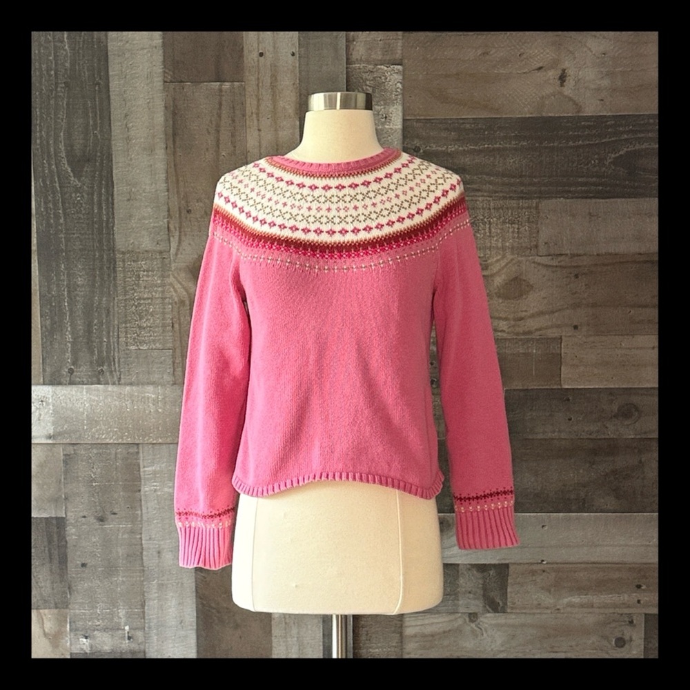 Lands’ End pink knit Nordic pattern sweater girls size 14 preppy holiday winter
